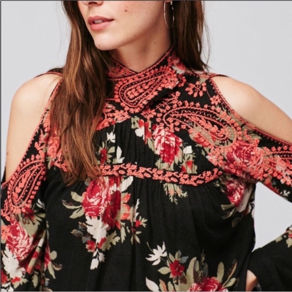 Free People Bainbridge Embroidered Black and Red Floral Cold Shoulder Blouse